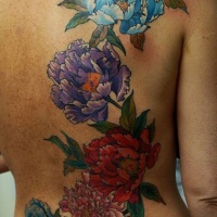 Various colors peony flowers realistic detailed massive back tattoo