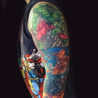 Various comic books heroes colored sleeve tattoo