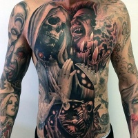 Various old and modern horror movies portraits tattoo on whole body