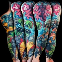 Various super heroes comic books style colored tattoo on sleeve area