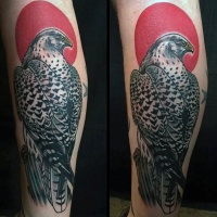 Very beautiful colored leg tattoo of big eagle and red circle