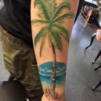 Very beautiful painted and colored lonely palm tree tattoo on arm
