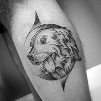 Very beautiful painted black ink dog portrait tattoo on leg