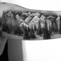 Tatuaje en el brazo, paisaje hermoso de montañas con bosque