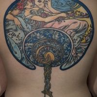 Very beautiful painted colorful whole back tattoo of ancient Asian fan