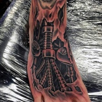Very detailed black and white biomechanic foot tattoo on foot
