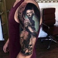 Very detailed colored antic angel statue half sleeve tattoo