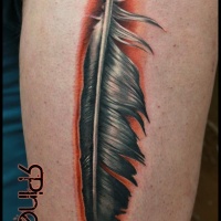 Very detailed colorful arm tattoo of bird feather