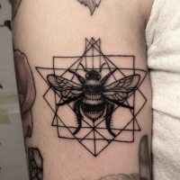 Sehr detaillierte natürlich aussehende schwarze und weiße Biene Tattoo am Arm mit verschiedenen geometrischen Verzierungen