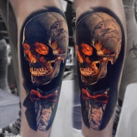 Very detailed new school style colored leg tattoo of skeleton in suit