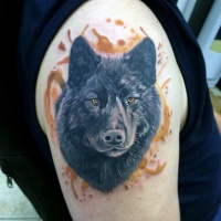 Very realistic looking beautiful black dog tattoo on upper arm