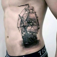 Very realistic looking big black ink old ship tattoo on side