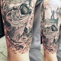 Very realistic looking black and white detailed fishing tattoo on half sleeve area