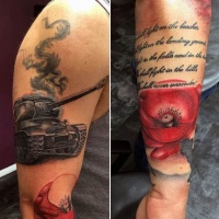 Very realistic looking colored and detailed WW2 tank with flower and lettering tattoo on arm