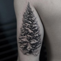 Very realistic looking colored upper arm tattoo of big tree with snow