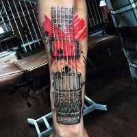 Very realistic looking multicolored guitar tattoo on arm