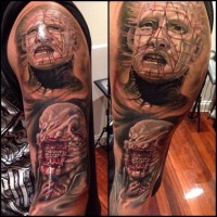 Very realistic painted and detailed horror monster heroes portraits tattoo on sleeve