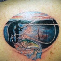 Very sweet designed and painted father and son fishing tattoo on shoulder