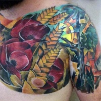 Very wonderful multicolored flower with house tattoo on chest