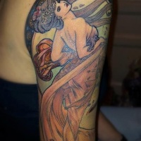 Vintage illustrative style colored shoulder tattoo of beautiful woman