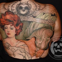 Vintage illustrative style colored whole back tattoo of woman with owl