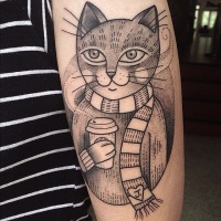 Vintage old school human like cat with coffee cup tattoo on forearm stylized with tiny heart