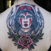 Vintage old school style colored tribal woman portrait tattoo on upper back combined with deer horns and flowers