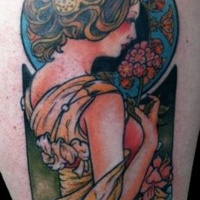 Vintage painting like colored shoulder tattoo fo woman with flowers