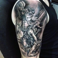 Vintage painting style black ink angel warrior with demon tattoo on shoulder