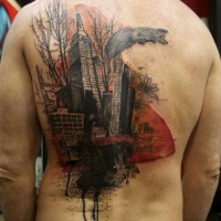 Vintage picture style colored back tattoo of old city with fox and lettering
