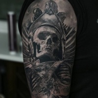 Vintage picture style detailed shoulder tattoo of ancient tribal skull