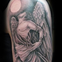 Vintage picture style detailed shoulder tattoo of Icarus statue with sun