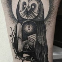 Vintage stippling style black ink thigh tattoo of interesting owl shaped house
