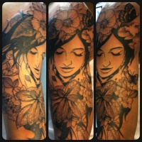 Vintage style accurate painted black and white beautiful woman portrait tattoo on half sleeve stylized with various flowers