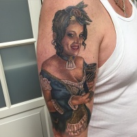 Vintage style beautiful painted and colored shoulder tattoo of woman in nice dress