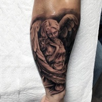 Vintage style black and white cute angel woman tattoo on forearm zone