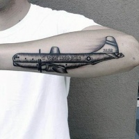 Vintage style black and white forearm tattoo of big plane