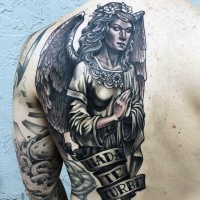 Vintage style black and white half back tattoo of angel with lettering