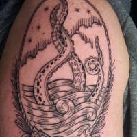 Vintage style black and white shoulder tattoo of mystical sea monster