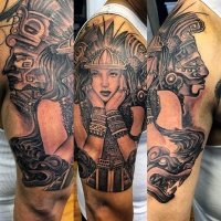 Vintage style black and white shoulder tattoo of tribal woman tattoo on shoulder with antic statues