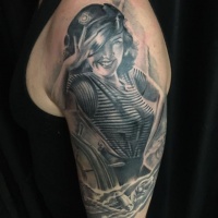 Vintage style black and white shoulder tattoo of woman sailor