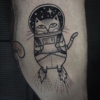 Vintage style black and white tattoo of funny space cat