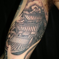Vintage style black ink arm tattoo of old Asian temple