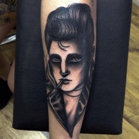 Vintage style black ink arm tattoo of smoking woman