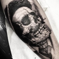 Vintage style black ink forearm tattoo of skeleton with mustache