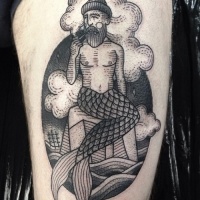 Vintage style black ink funny smoking mermaid-man tattoo on thigh