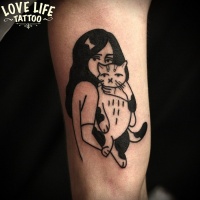 Vintage style black ink girl with cat tattoo of arm