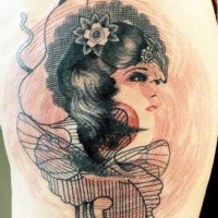 Vintage style black ink shoulder tattoo of woman with flowers