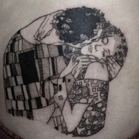 Vintage style black ink side tattoo of woman couple
