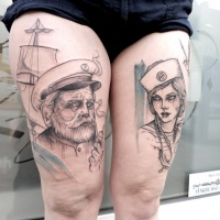Vintage style black ink thigh tattoo of sailor man and woman with ship